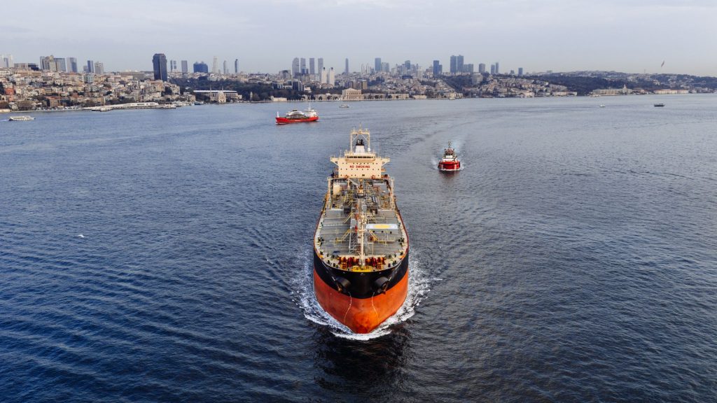 Turkish tanker ship Bosphorus Strait oil transport aerial view