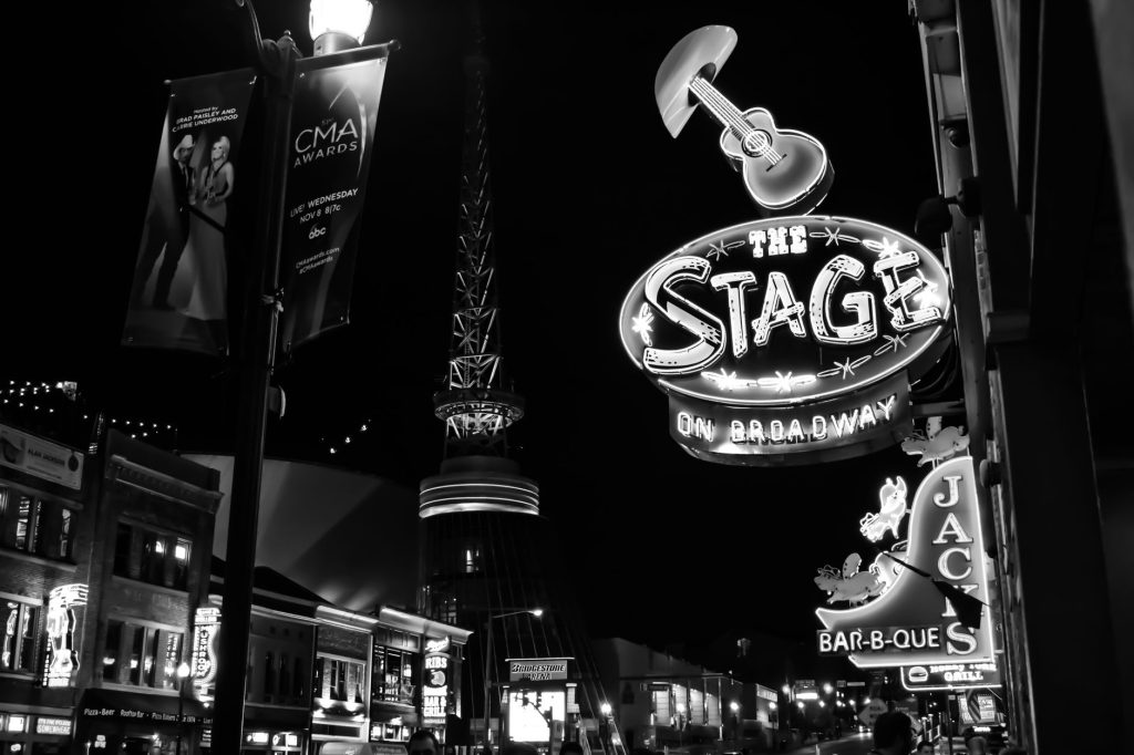 Music venue neon sign night