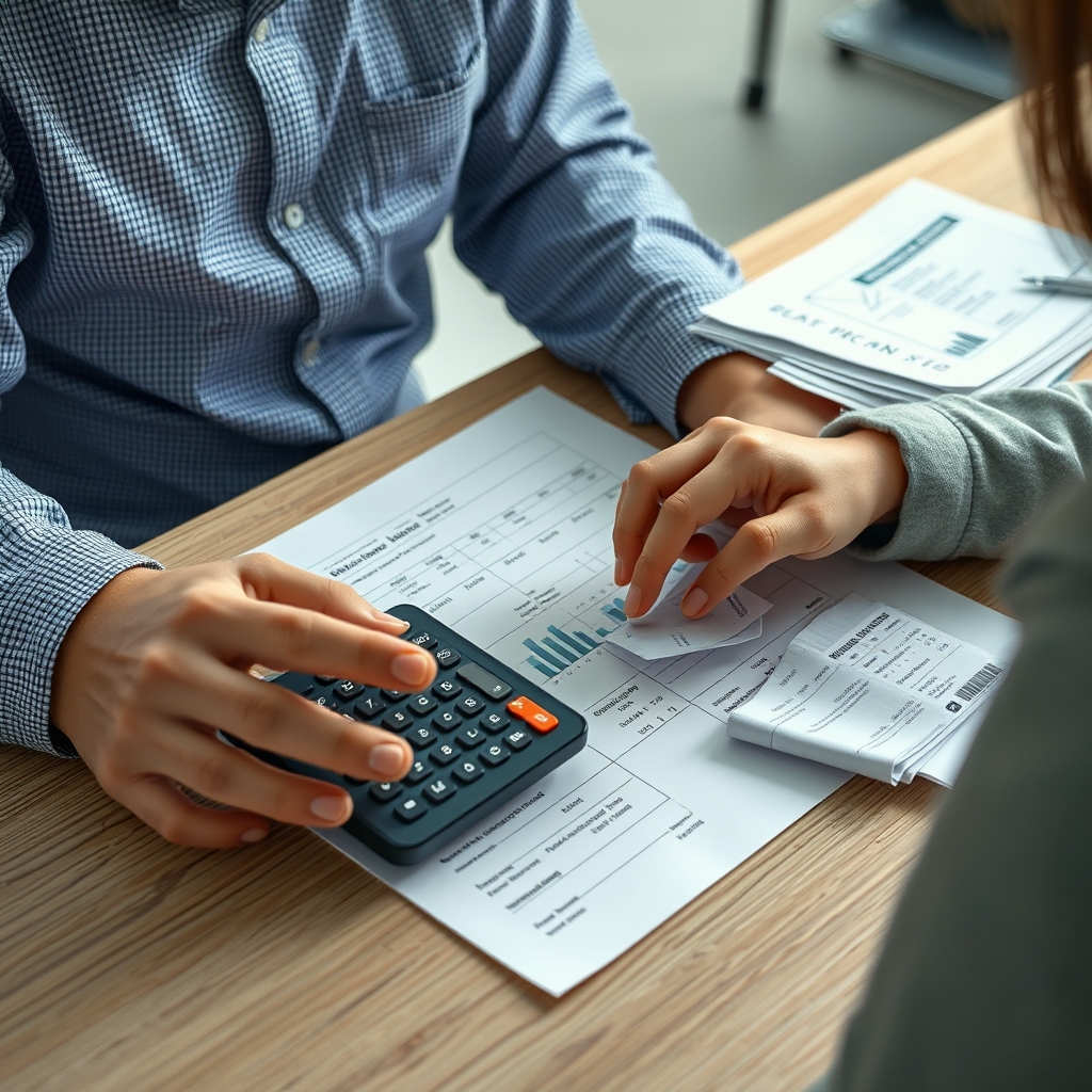 家庭 PBL 实践指南:如何把生活变成孩子的课堂;Family PBL Project calculating budget on paper with calculator and receipts