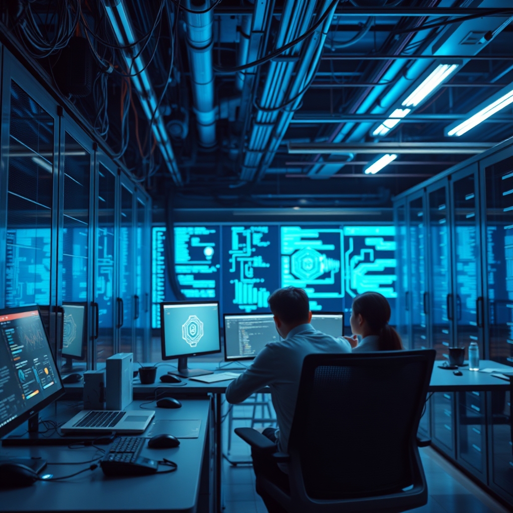 全球人工智能治理框架演进：从欧盟 AI 法案到行业标准；Data center server room with blue lighting and cables