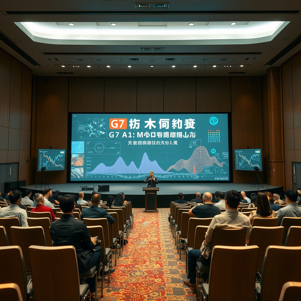 全球人工智能治理框架演进：从欧盟 AI 法案到行业标准；G7 AI Summit conference hall empty chairs and podium