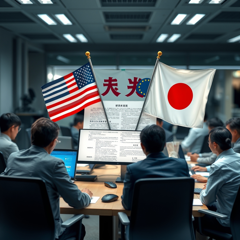 全球供应链重构:地缘经济分化下的新格局;government policy document with flags of US EU Japan