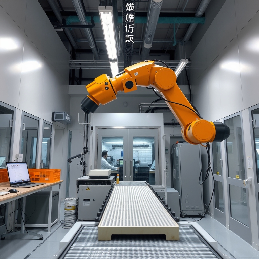 Samsung Semiconductor wafer fabrication cleanroom production line interior robotic arm