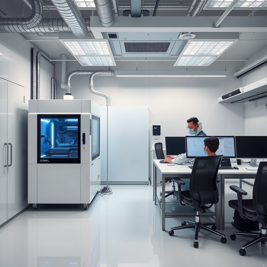 ASML extreme ultraviolet lithography machine in cleanroom white environment engineer in protective suit