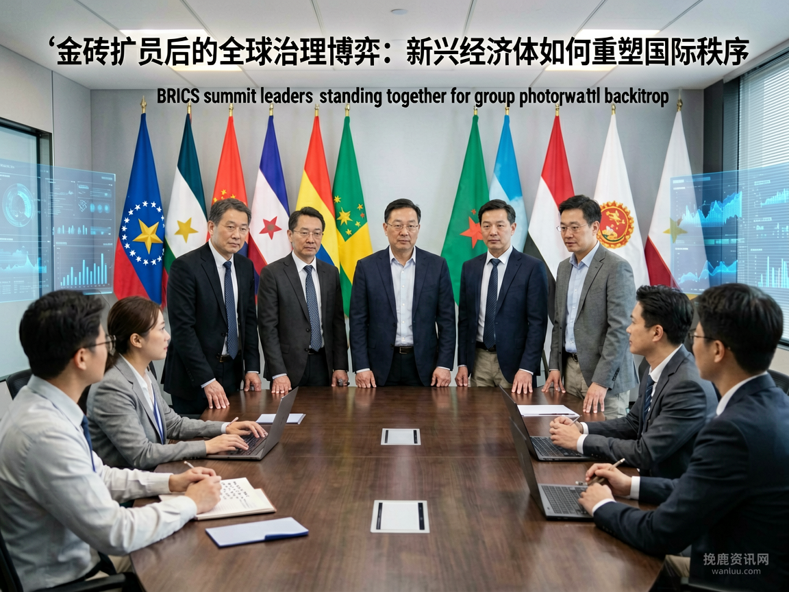 BRICS summit leaders standing together for group photograph with national flags backdrop